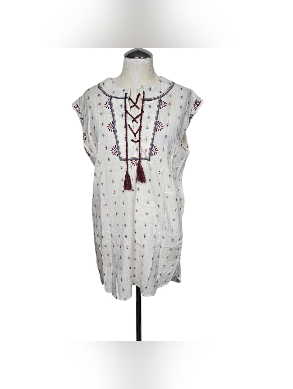 DRA Lace Up Tunic Top Sleeveless XS Micro Mini White Dark Red Blue